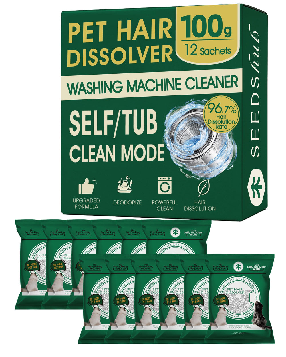 Seedshub Pet Hair Dissolver in washer drum removes stubborn fur residue.