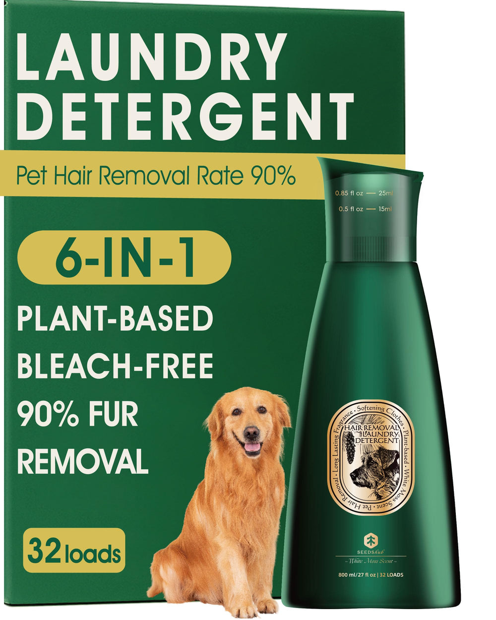 Seedshub Pet Hair Remover bottle shows a 6-in-1 laundry solution for fur-free fabrics