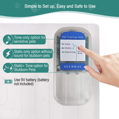 SEERWAY Pet Shock Mat training modes display highlights Tone, Static, and Tone+Static.