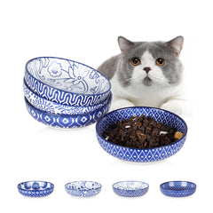 Selamica vintage blue cat bowls set for meals and water.