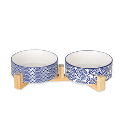 Selamica vintage blue ceramic dog bowls with wooden stand for mess-free, double-food-and-water feeding