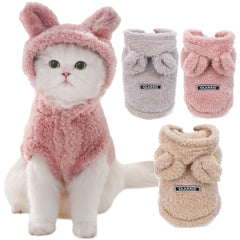 Selena pet bunny-ears costume pink, front view, cozy warmth for chilly days.