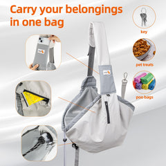 SENIOR BUDDAY sling with pockets visible for keys and treats on the go.