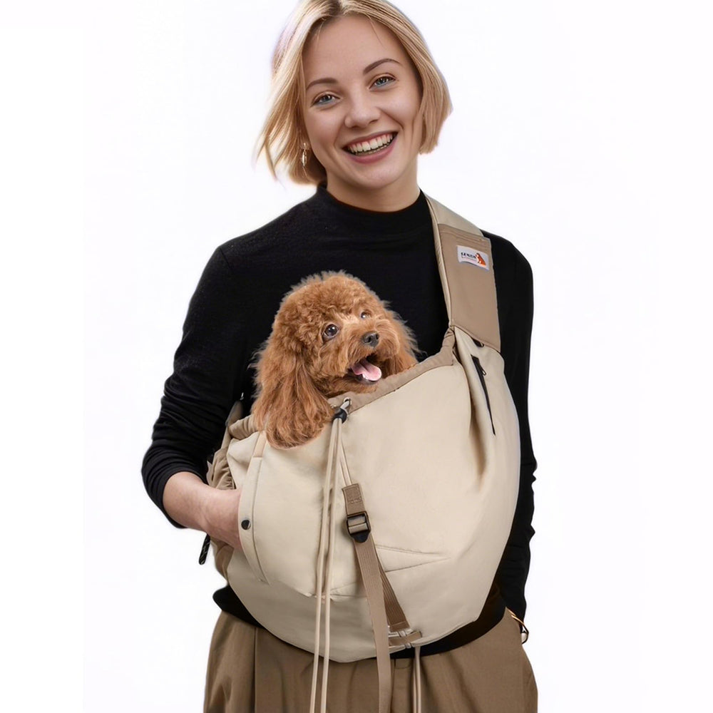 SENIOR BUDDAY dog carrier sling worn for hands-free on-the-go comfort
