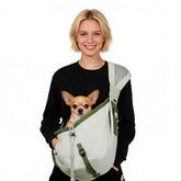 Senior Budday dog carrier sling worn for hands-free travel and comfort.