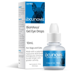 Sentrx Ocunovis gel eye drops bottle ready for application, convenient pet lubrication.
