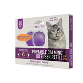 SENTRY portable calming diffuser cat bottle demonstrates 30-day pheromone release for stress relief.