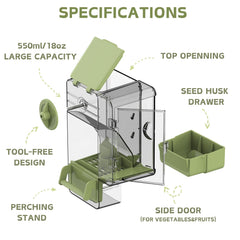Septillar feeder with external perch assembly, promoting easy access and engaging feeding.