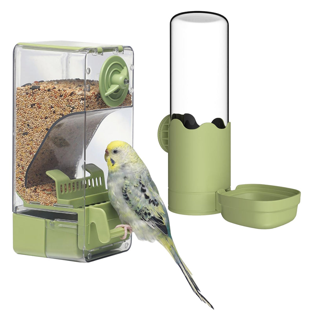 Septillar bird feeder and water dispenser set with external perch for mess-free feeding
