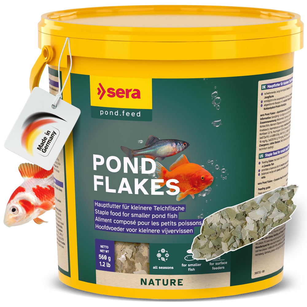 Sera Pond Flakes bottle packaging for easy year-round feeding.