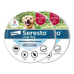 Seresto large dog collar pack shown for eight-month flea and tick protection.