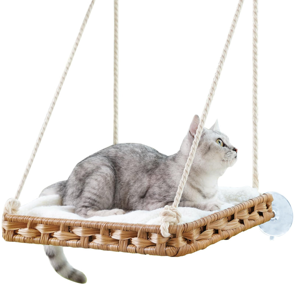 SETVSON cat window perch with handwoven rattan frame offers a sturdy sunlit spot