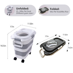 SEWIU dog food storage bin with four detachable wheels for easy mobility.