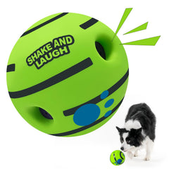 SHAKE AND LAUGH dog ball roll action for interactive play and training.