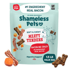 Shameless Pets Bacon Me Crazy Meaty Tenders pack shot, real bacon first ingredient.