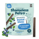 Shameless Pets Blueberry & Mint dental chews bag for dogs promoting fresh breath.