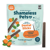 Shameless Pets carrot-mint dental chew pack front; convenient daily treat for teeth and breath.