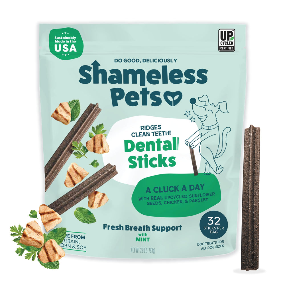 Shameless Pets Chicken & Mint dental chews packaging showing 32 sticks.