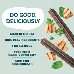 Shameless Pets Chicken & Mint dental chews real ingredients with chicken and apple.
