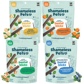 Shameless Pets Dental Chews variety pack bags showing four flavors for dogs, promoting teeth cleaning.