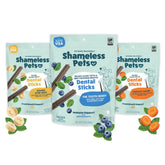 Shameless Pets dental chews variety pack on packaging, ideal for dogs