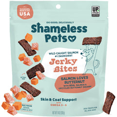 Shameless Pets Jerky Bites Salmon Loves Butternut package, savory aroma and premium ingredients.