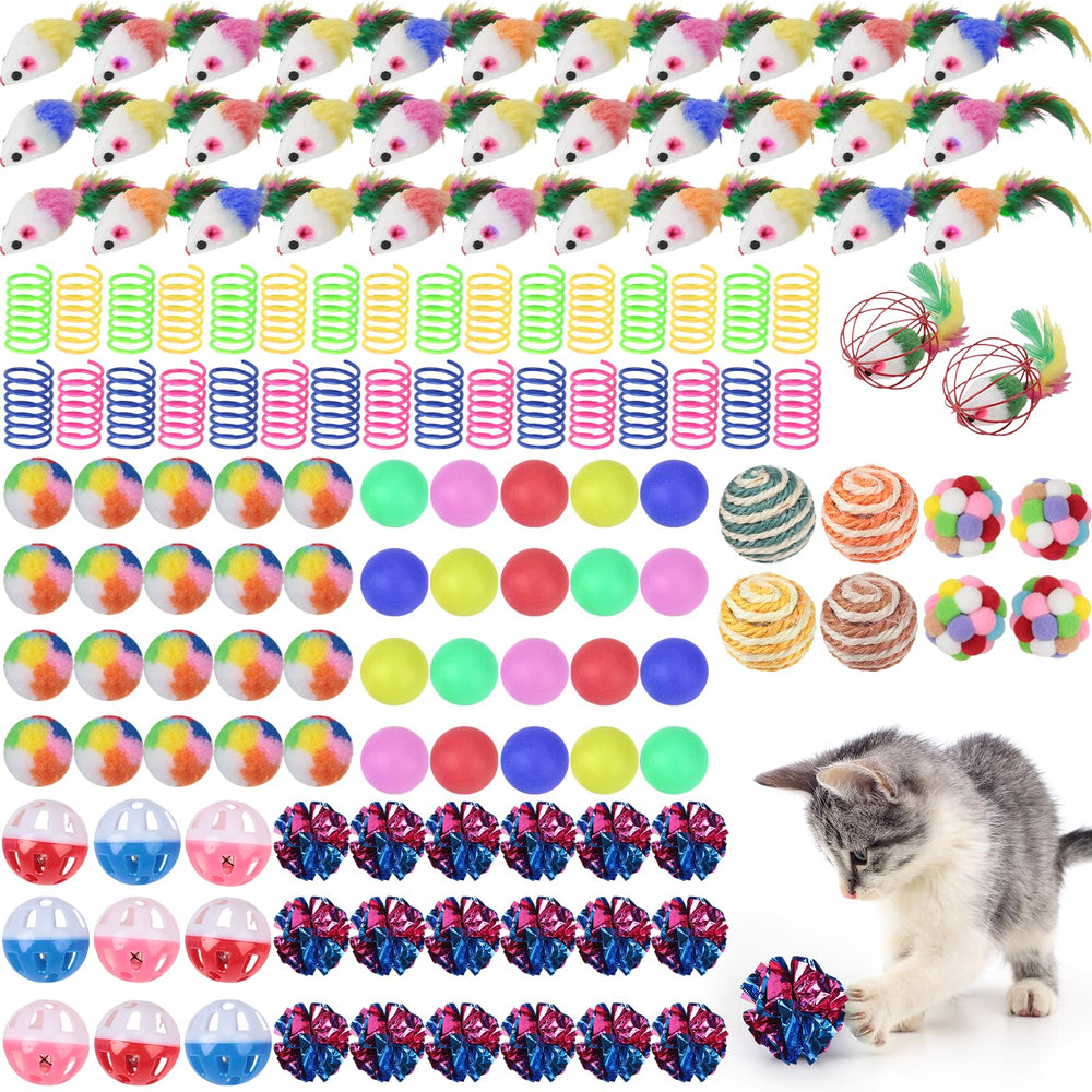 Shappy 150 Pcs Cat Toys set with mice and rainbow balls for indoor play.