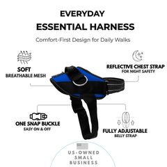 SHAWNCO harness shows reflective chest strap for nighttime visibility.