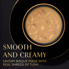 Close-up of tuna shreds in Sheba Bisque Lickable for appealing texture.