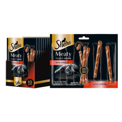 Sheba Meaty Tender Sticks chicken packaging shows convenient daily treats for cats