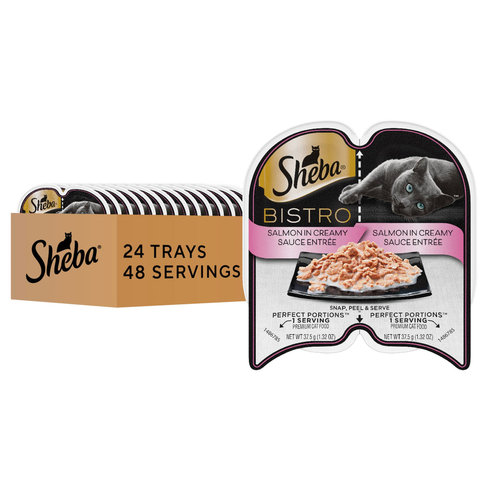 Sheba Perfect Portions Bistro salmon tray open, showing a moist protein-rich meal for cats.