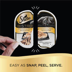 Sheba Perfect Portions Bistro twin-pack trays demonstrate easy peel and serve for quick meals.