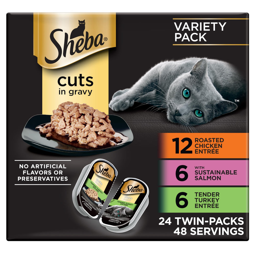 Sheba Perfect Portions chicken in gravy tray showing real meat and moisture.