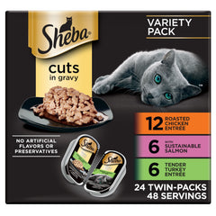 Sheba Perfect Portions chicken in gravy tray showing real meat and moisture.