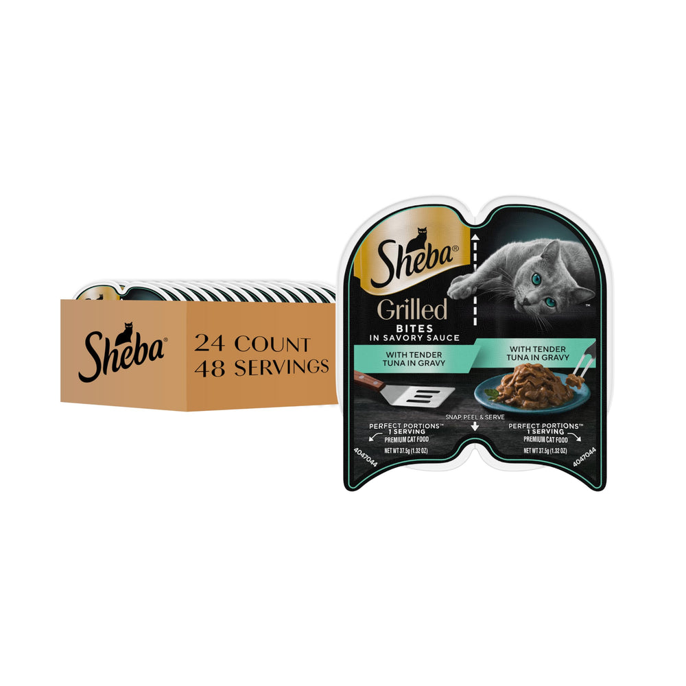 Sheba perfect portions grilled in savory sauce with tender tuna in gravy trays for fresh meals.