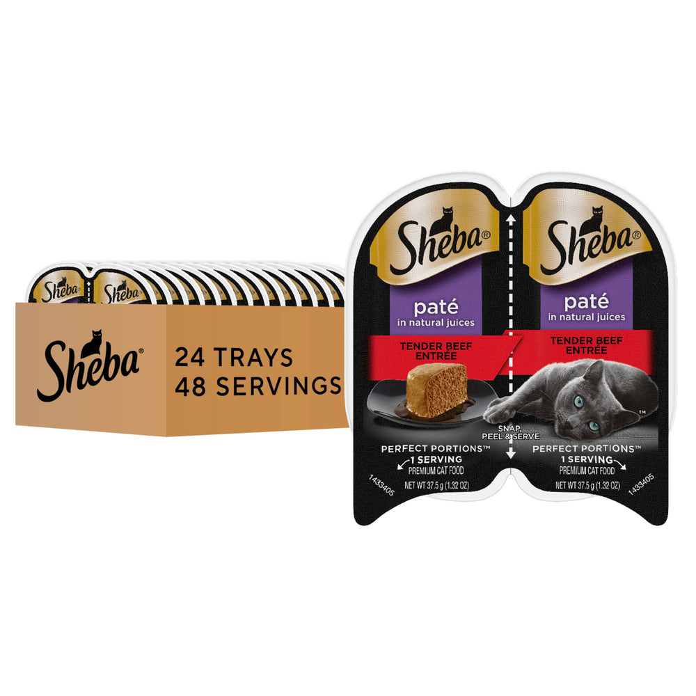 Sheba Perfect Portions Pate Beef Entree twin-pack trays showing convenient, portion-controlled servings