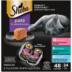 Sheba Perfect Portions Pate Variety Pack front view showcases premium seafood flavors for selective eaters.