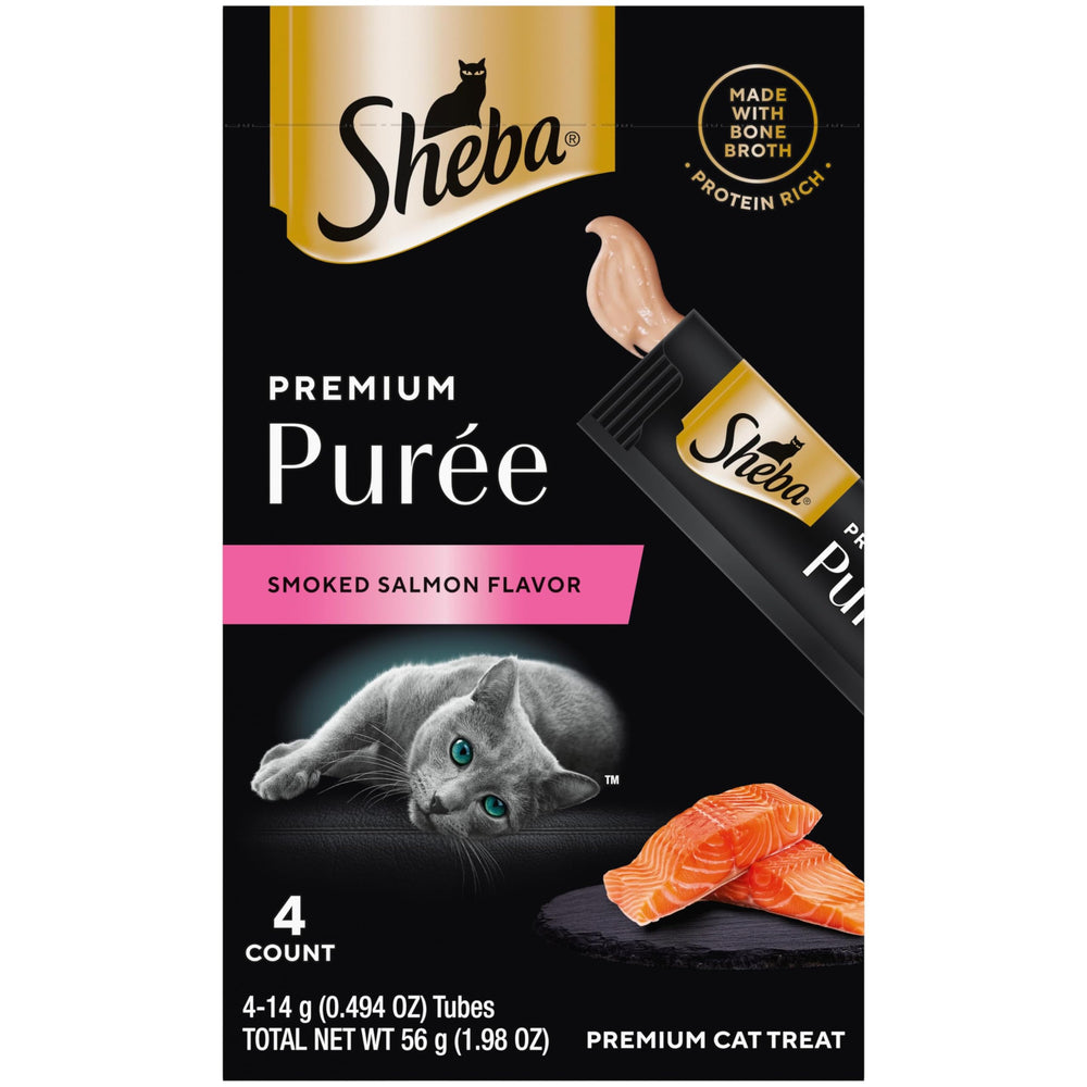 Sheba Premium Puree Salmon tube close-up showing creamy lickable texture.