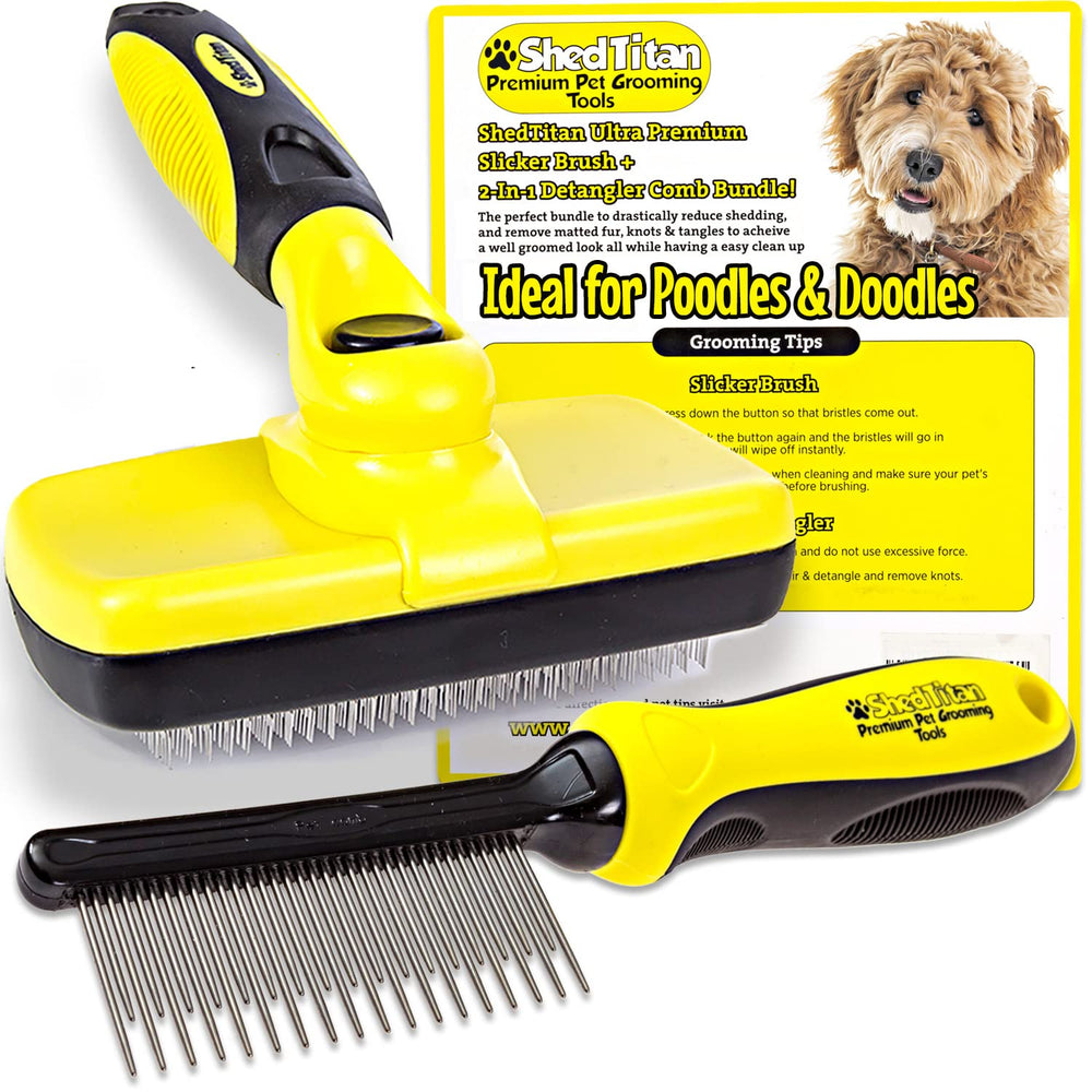 SHEDTITAN self-cleaning slicker brush eases doodle grooming sessions.