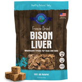Shepherd Boy Farms bison liver freeze-dried treats in a bag, premium USA-made nutrition.