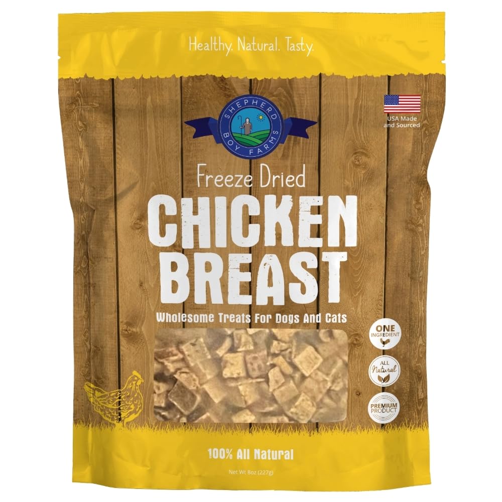 Shepherd Boy Farms freeze dried chicken breast packaging shows USA-made high protein treat