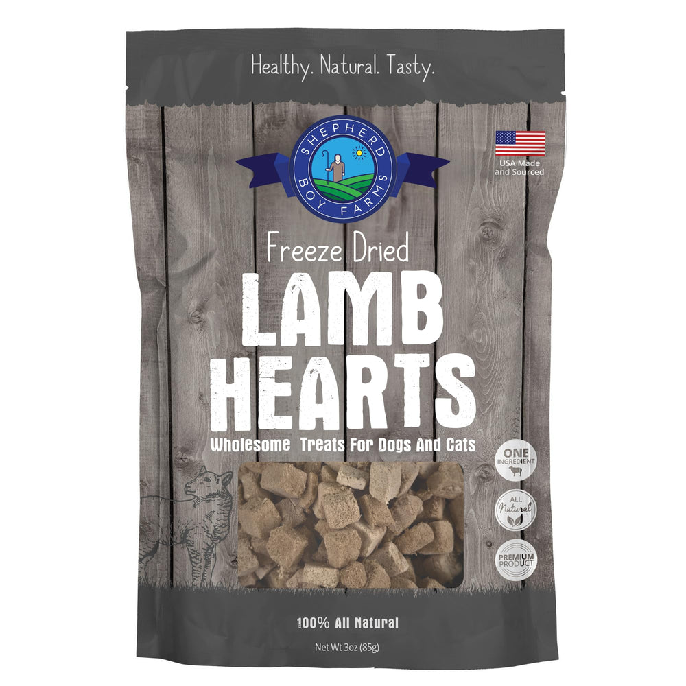 Shepherd Boy Farms freeze-dried lamb heart treat close-up, protein-rich snack for dogs and cats.