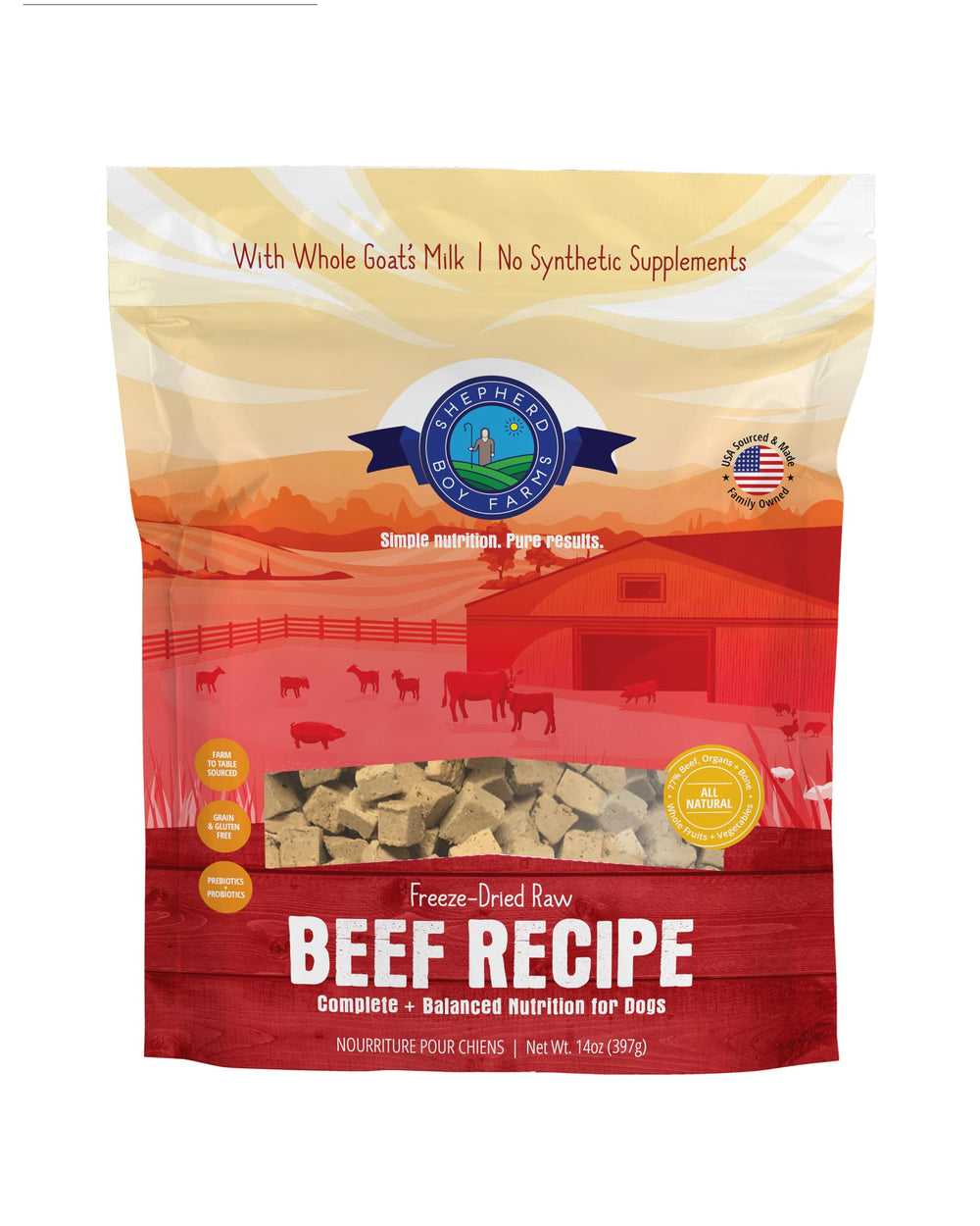 Shepherd Boy Farms freeze-dried beef dog food bag front view, complete meal