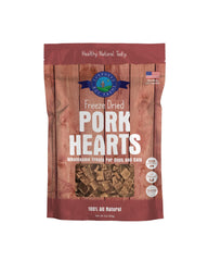 Shepherd Boy Farms pork heart treats in a 3oz bag for dogs and cats.