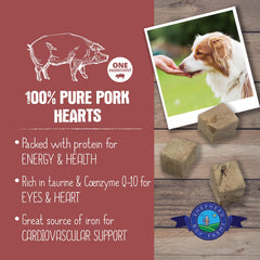 Training-friendly pork heart treats for dogs and cats.