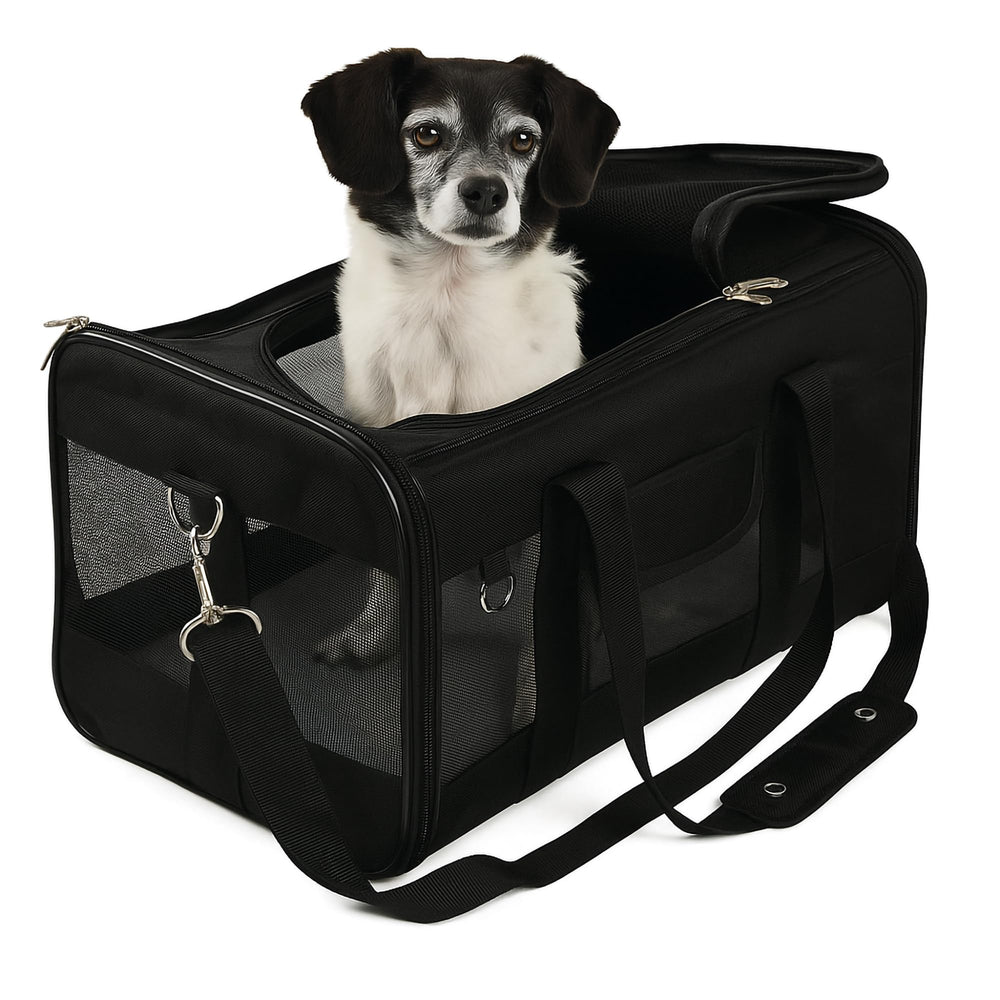 Sherpa Original Deluxe carrier front view showing airline-friendly profile and comfortable pet travel