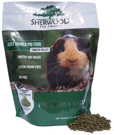 Sherwood Pet Health adult guinea pig food measured timothy pellet front view, highlighting hay-based balance.