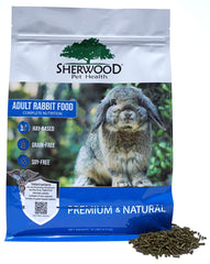 Sherwood Pet Health rabbit food bag with label, hay based formula for digestive support.