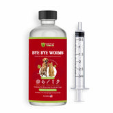 SHEVAT VITAMINS Bye Bye Worms bottle pour shows easy daily dosing for cats and dogs.