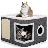 Shikha 3in1 cat bed shows cozy sleep, play, and scratch in one unit for indoor cats